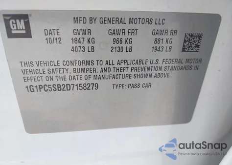 2013 Chevrolet Cruze 1Lt Auto z USA, uszkodzony, nr VIN 1G1PC5SB2D7158279